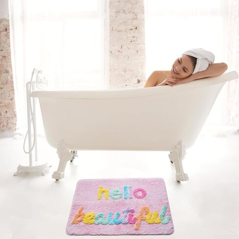 Evovee Hello Beautiful Bath Mat Cute Bathroom Rugs for Girls You Look Good Gorgeous Funny Shower Fun Bathroom Decor Non-Slip Washable Kids Women Light Pink Rainbow Colorful in Saudi Arabia