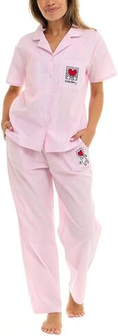 Keith Haring Women's Iconic Embroidered Art Cotton Pajamas Set, 2-Piece Notch Collar Sleepwear-Lightweight-Relaxed Fit in Saudi Arabia