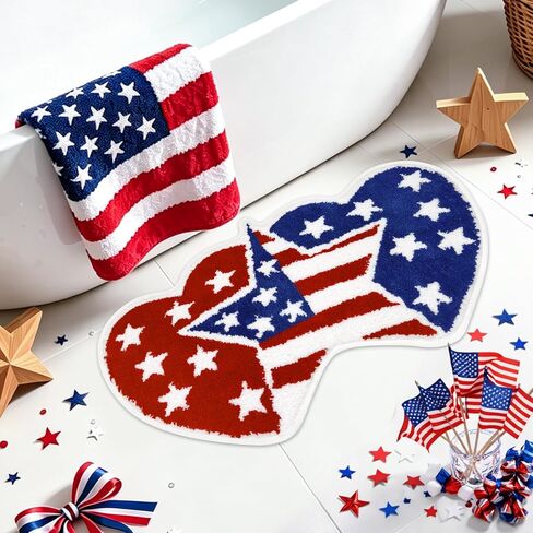 Independence Day Bathroom Rug 35x20 Inch,American Flag Stars Bath Mat with Blue Red Hearts Design, 4th of July Non-Slip Absorbent Bath Rug for Patriotic Bathroom Decor in Saudi Arabia