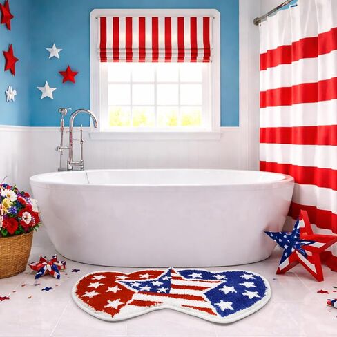 Independence Day Bathroom Rug 35x20 Inch,American Flag Stars Bath Mat with Blue Red Hearts Design, 4th of July Non-Slip Absorbent Bath Rug for Patriotic Bathroom Decor in Saudi Arabia