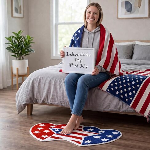 Independence Day Bathroom Rug 35x20 Inch,American Flag Stars Bath Mat with Blue Red Hearts Design, 4th of July Non-Slip Absorbent Bath Rug for Patriotic Bathroom Decor in Saudi Arabia