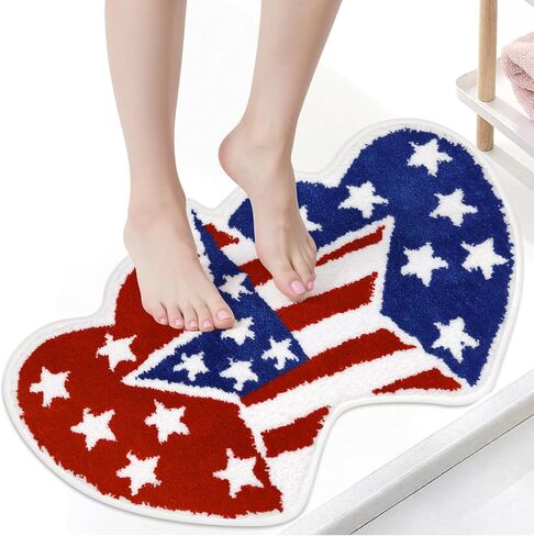 Independence Day Bathroom Rug 35x20 Inch,American Flag Stars Bath Mat with Blue Red Hearts Design, 4th of July Non-Slip Absorbent Bath Rug for Patriotic Bathroom Decor in Saudi Arabia
