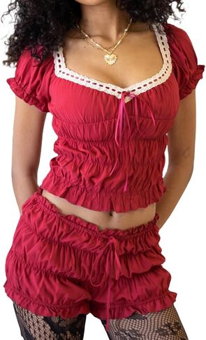 RUEWEY Women Polka Dot Print Pajamas Set Lace Trim Smocked Short Sleeve Tops and Shorts Lounge Set Gothic Sleepwear in Saudi Arabia