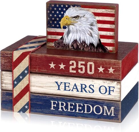 4 Pcs 4th of July Decorations Patriotic Tiered Tray Decorations Signs Rustic Memorial Day Decor Book Block Sign for 250th Anniversary Farmhouse Table Home Tabletop Shelf(Star) in Saudi Arabia