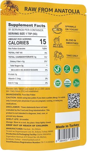 Organic Bee Pollen Granules – 1 lb (454g) – Raw & Natural – EU & USDA Organic Certified – Halal, Kosher, GMP, ISO 22000 – Premium Anatolian Bee Pollen Superfood in Kuwait