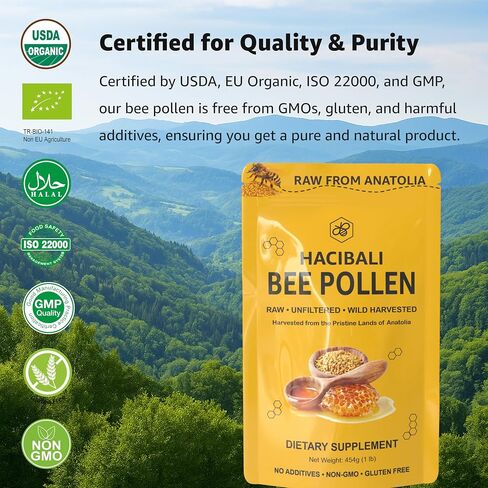 Organic Bee Pollen Granules – 1 lb (454g) – Raw & Natural – EU & USDA Organic Certified – Halal, Kosher, GMP, ISO 22000 – Premium Anatolian Bee Pollen Superfood in Kuwait