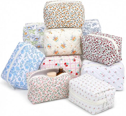 10 Pcs Cotton Floral Quilted Makeup Bags, Floral Cosmetic Pouch Gingham Make up Bag, Aesthetic Cosmetic Bags Portable Florals Makeup Pouch with Zipper Cotton FloralCosmetic Bag for Women Travel Gifts in Kuwait