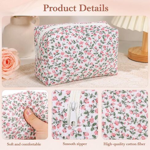 10 Pcs Cotton Floral Quilted Makeup Bags, Floral Cosmetic Pouch Gingham Make up Bag, Aesthetic Cosmetic Bags Portable Florals Makeup Pouch with Zipper Cotton FloralCosmetic Bag for Women Travel Gifts in Kuwait