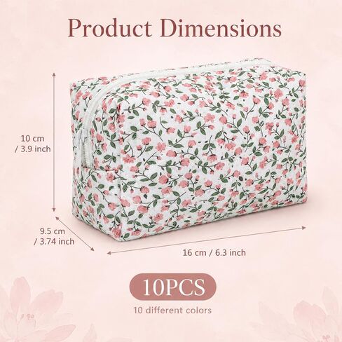 10 Pcs Cotton Floral Quilted Makeup Bags, Floral Cosmetic Pouch Gingham Make up Bag, Aesthetic Cosmetic Bags Portable Florals Makeup Pouch with Zipper Cotton FloralCosmetic Bag for Women Travel Gifts in Kuwait