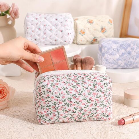 10 Pcs Cotton Floral Quilted Makeup Bags, Floral Cosmetic Pouch Gingham Make up Bag, Aesthetic Cosmetic Bags Portable Florals Makeup Pouch with Zipper Cotton FloralCosmetic Bag for Women Travel Gifts in Kuwait