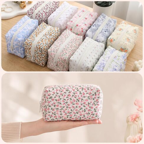 10 Pcs Cotton Floral Quilted Makeup Bags, Floral Cosmetic Pouch Gingham Make up Bag, Aesthetic Cosmetic Bags Portable Florals Makeup Pouch with Zipper Cotton FloralCosmetic Bag for Women Travel Gifts in Kuwait