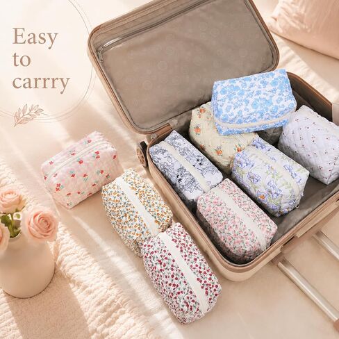 10 Pcs Cotton Floral Quilted Makeup Bags, Floral Cosmetic Pouch Gingham Make up Bag, Aesthetic Cosmetic Bags Portable Florals Makeup Pouch with Zipper Cotton FloralCosmetic Bag for Women Travel Gifts in Kuwait