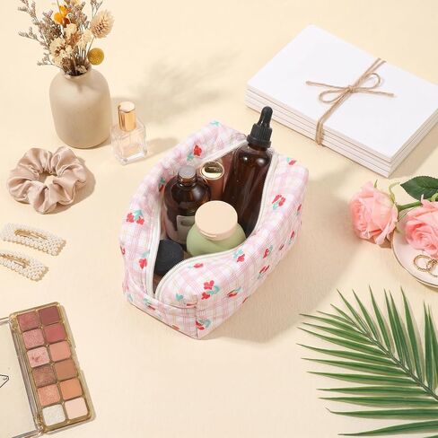 10 Pcs Cotton Floral Quilted Makeup Bags, Floral Cosmetic Pouch Gingham Make up Bag, Aesthetic Cosmetic Bags Portable Florals Makeup Pouch with Zipper Cotton FloralCosmetic Bag for Women Travel Gifts in Kuwait