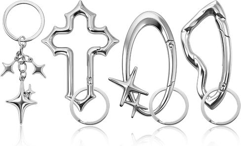 BATHRINS 4PCS Silver Keychain Set with Star & Cross Charms, Classic Metal Key Rings for Keys and Bags in Saudi Arabia