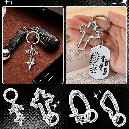 BATHRINS 4PCS Silver Keychain Set with Star & Cross Charms, Classic Metal Key Rings for Keys and Bags in Saudi Arabia