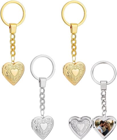 PLIGREAT 4 Pack Photo Locket Keychain, Vintage Heart Locket Keychains with Carved Flower Silver Gold Photo Lockets Key Chains that Holds Pictures Photo Lockets Pendants for Women DIY Craft in Kuwait