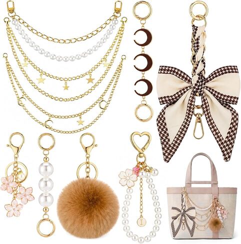 Junkin 9 Pcs Vintage Bag Extender Chain Set Pearl Purse Chains Bag Extender Chain with Bow Ribbon Metal Gold Chains Purse Charms Accessories for Handbags Crossbody Backpack Shoulder Bags in Kuwait