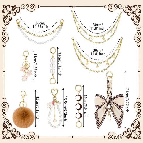 Junkin 9 Pcs Vintage Bag Extender Chain Set Pearl Purse Chains Bag Extender Chain with Bow Ribbon Metal Gold Chains Purse Charms Accessories for Handbags Crossbody Backpack Shoulder Bags in Kuwait