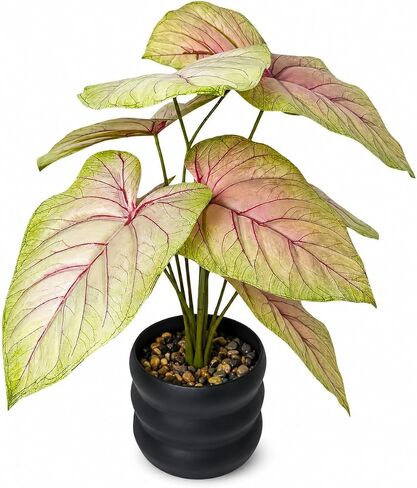 16'' Fake Plant Tall Artificial Caladium Plants Indoor with Black Planter Design, for Home Living Rooms Patios Porches Bathrooms Outdoor Decor (Green) in Kuwait