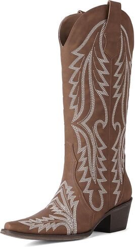 Cowgirl Boots for Women Pointed Toe Mid Calf Chunky Low Heel Western Cowboy Pull-On Side Zipper Embroidered Stitched Retro Boots in Saudi Arabia