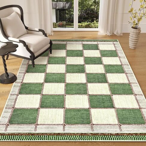 Yinhua Checkered 5x7 Area Rugs Brown Farmhouse Washable Area Rug for Living Room Non Slip Soft Faux Wool Distressed Rugs for Bedroom, Classic Checkerboard Throw Rug for Nursery Office Playroom in Saudi Arabia