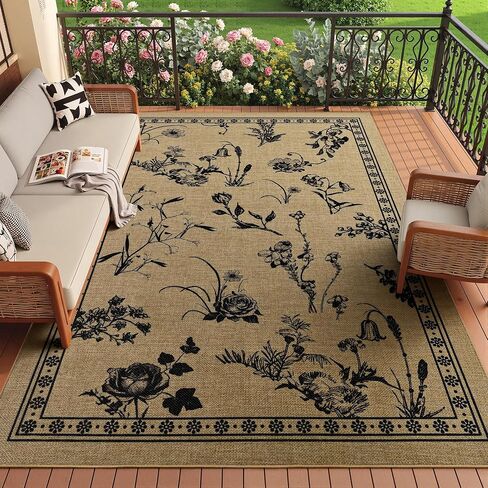 Easy Jute 4x6 Outdoor Patio Rug, Washable Rugs for Entryway Indoor Living Room Carpet, Farmhouse Neutral Non Slip Thin Beige Botanical Sketch Door Carpet for Backyard Bedroom Kitchen in Saudi Arabia