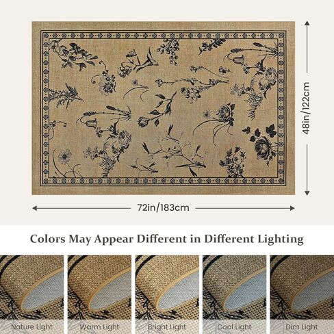 Easy Jute 4x6 Outdoor Patio Rug, Washable Rugs for Entryway Indoor Living Room Carpet, Farmhouse Neutral Non Slip Thin Beige Botanical Sketch Door Carpet for Backyard Bedroom Kitchen in Saudi Arabia
