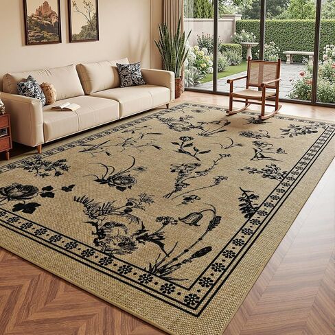 Easy Jute 4x6 Outdoor Patio Rug, Washable Rugs for Entryway Indoor Living Room Carpet, Farmhouse Neutral Non Slip Thin Beige Botanical Sketch Door Carpet for Backyard Bedroom Kitchen in Saudi Arabia