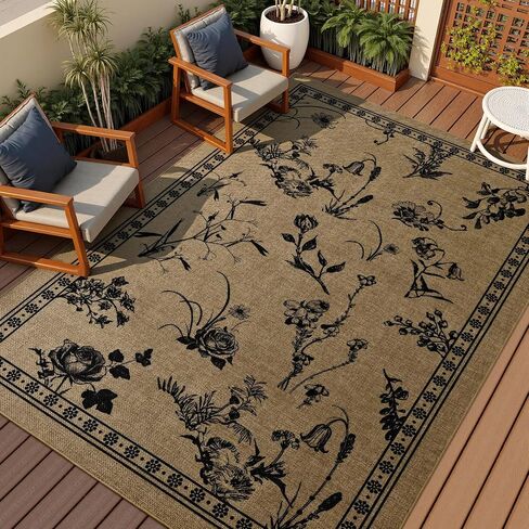 Easy Jute 4x6 Outdoor Patio Rug, Washable Rugs for Entryway Indoor Living Room Carpet, Farmhouse Neutral Non Slip Thin Beige Botanical Sketch Door Carpet for Backyard Bedroom Kitchen in Saudi Arabia