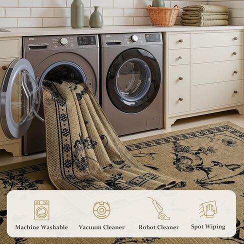 Easy Jute 4x6 Outdoor Patio Rug, Washable Rugs for Entryway Indoor Living Room Carpet, Farmhouse Neutral Non Slip Thin Beige Botanical Sketch Door Carpet for Backyard Bedroom Kitchen in Saudi Arabia