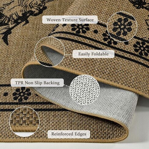 Easy Jute 4x6 Outdoor Patio Rug, Washable Rugs for Entryway Indoor Living Room Carpet, Farmhouse Neutral Non Slip Thin Beige Botanical Sketch Door Carpet for Backyard Bedroom Kitchen in Saudi Arabia
