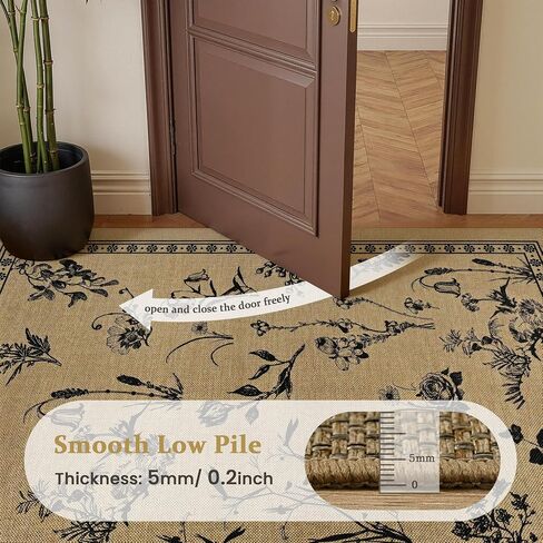 Easy Jute 4x6 Outdoor Patio Rug, Washable Rugs for Entryway Indoor Living Room Carpet, Farmhouse Neutral Non Slip Thin Beige Botanical Sketch Door Carpet for Backyard Bedroom Kitchen in Saudi Arabia