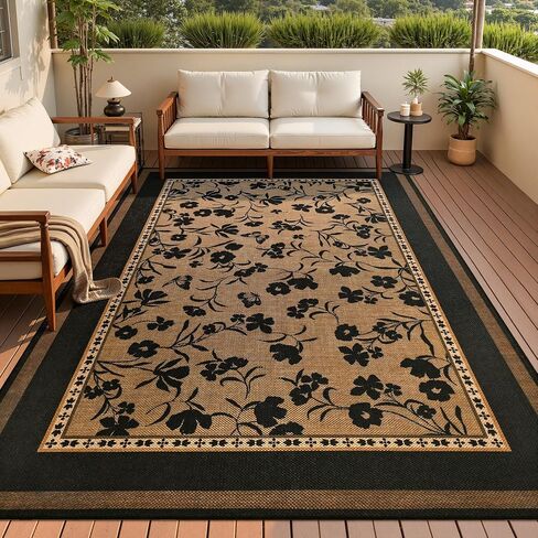 Easy Jute 4x6 Outdoor Patio Rug, Washable Rugs for Entryway Indoor Living Room Carpet, Farmhouse Neutral Non Slip Thin Beige Botanical Sketch Door Carpet for Backyard Bedroom Kitchen in Saudi Arabia