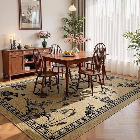 Easy Jute 4x6 Outdoor Patio Rug, Washable Rugs for Entryway Indoor Living Room Carpet, Farmhouse Neutral Non Slip Thin Beige Botanical Sketch Door Carpet for Backyard Bedroom Kitchen in Saudi Arabia