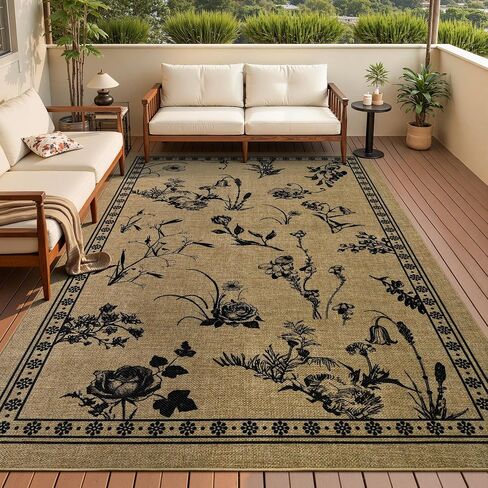 Easy Jute 4x6 Outdoor Patio Rug, Washable Rugs for Entryway Indoor Living Room Carpet, Farmhouse Neutral Non Slip Thin Beige Botanical Sketch Door Carpet for Backyard Bedroom Kitchen in Saudi Arabia