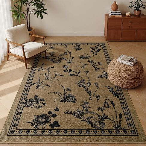 Easy Jute 4x6 Outdoor Patio Rug, Washable Rugs for Entryway Indoor Living Room Carpet, Farmhouse Neutral Non Slip Thin Beige Botanical Sketch Door Carpet for Backyard Bedroom Kitchen in Saudi Arabia