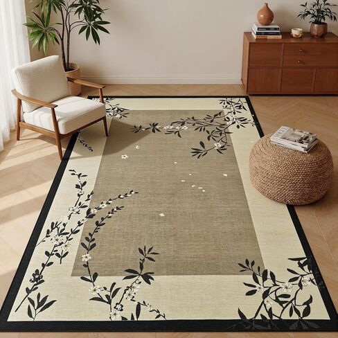 Easy Jute 4x6 Outdoor Patio Rug, Washable Rugs for Entryway Indoor Living Room Carpet, Farmhouse Neutral Non Slip Thin Beige Botanical Sketch Door Carpet for Backyard Bedroom Kitchen in Saudi Arabia