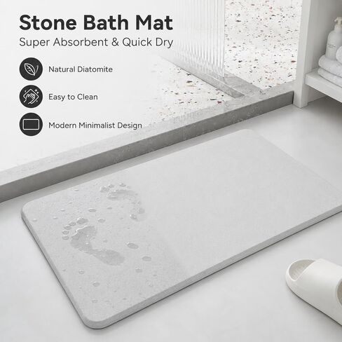 Stone Bath Mat Diatomite Bath Mat Quick Dry, Diatomaceous Earth Shower Mat, Super Absorbent Magic Mat for Bathroom Floor, Comes with Non-Slip Pad and Sandpaper (White, 24" x 16") in Saudi Arabia