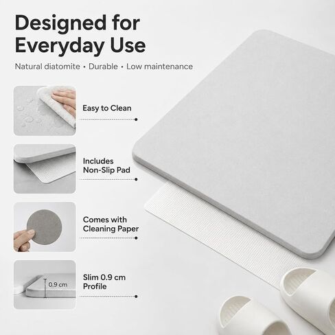 Stone Bath Mat Diatomite Bath Mat Quick Dry, Diatomaceous Earth Shower Mat, Super Absorbent Magic Mat for Bathroom Floor, Comes with Non-Slip Pad and Sandpaper (White, 24" x 16") in Saudi Arabia