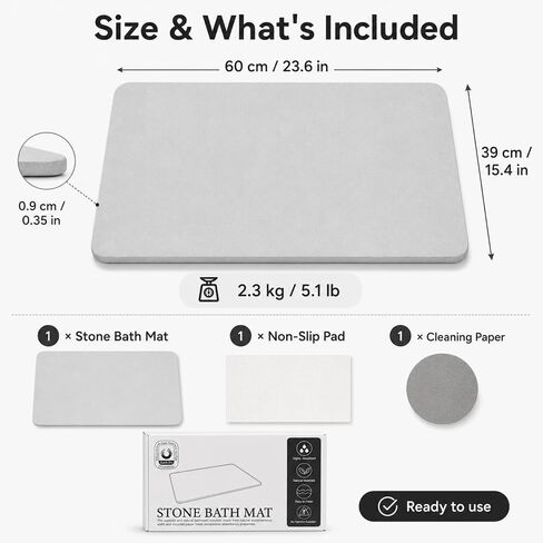Stone Bath Mat Diatomite Bath Mat Quick Dry, Diatomaceous Earth Shower Mat, Super Absorbent Magic Mat for Bathroom Floor, Comes with Non-Slip Pad and Sandpaper (White, 24" x 16") in Saudi Arabia