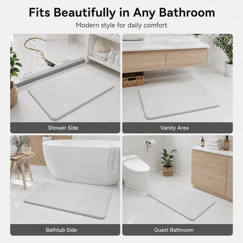 Stone Bath Mat Diatomite Bath Mat Quick Dry, Diatomaceous Earth Shower Mat, Super Absorbent Magic Mat for Bathroom Floor, Comes with Non-Slip Pad and Sandpaper (White, 24" x 16") in Saudi Arabia