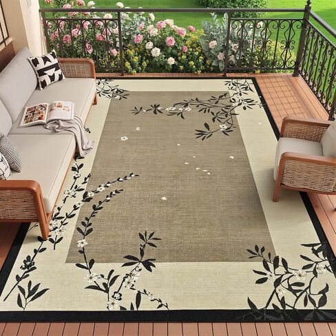 Easy Jute 4x6 Outdoor Patio Rug, Washable Rugs for Entryway Indoor Living Room Carpet, Farmhouse Neutral Non Slip Thin Beige Botanical Sketch Door Carpet for Backyard Bedroom Kitchen in Saudi Arabia