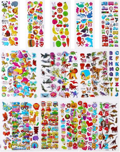 Puffy Stickers for Kids Toddlers, Small 3D Stickers Variety Pack, Kid Stickers Sheets Bulk, Mini Party Favor for Kids Boy (Dinosaur Car Animal Dog Flower Heart Number Food Truck) 24 Sheets in Kuwait