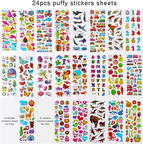 Puffy Stickers for Kids Toddlers, Small 3D Stickers Variety Pack, Kid Stickers Sheets Bulk, Mini Party Favor for Kids Boy (Dinosaur Car Animal Dog Flower Heart Number Food Truck) 24 Sheets in Kuwait
