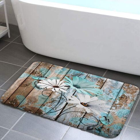 Farmhouse Floral Flower Bath Mat, Teal Daisy Rustic Wooden Plank Country Barn Wood Turquoise Blue Non-Slip Flannel Soft Doormat Floor Entryways Outdoor Indoor Front Door Mat,17X29 in Kuwait