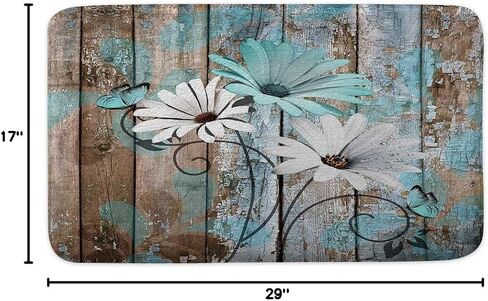 Farmhouse Floral Flower Bath Mat, Teal Daisy Rustic Wooden Plank Country Barn Wood Turquoise Blue Non-Slip Flannel Soft Doormat Floor Entryways Outdoor Indoor Front Door Mat,17X29 in Kuwait