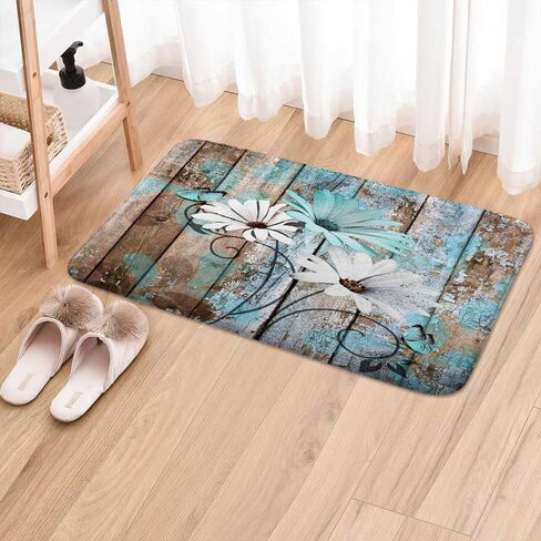 Farmhouse Floral Flower Bath Mat, Teal Daisy Rustic Wooden Plank Country Barn Wood Turquoise Blue Non-Slip Flannel Soft Doormat Floor Entryways Outdoor Indoor Front Door Mat,17X29 in Kuwait