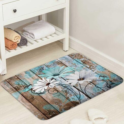 Farmhouse Floral Flower Bath Mat, Teal Daisy Rustic Wooden Plank Country Barn Wood Turquoise Blue Non-Slip Flannel Soft Doormat Floor Entryways Outdoor Indoor Front Door Mat,17X29 in Kuwait