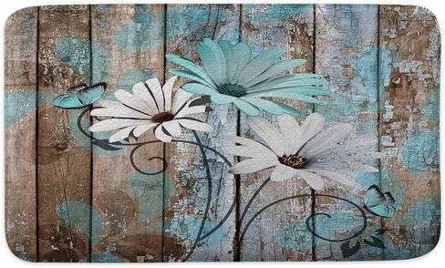 Farmhouse Floral Flower Bath Mat, Teal Daisy Rustic Wooden Plank Country Barn Wood Turquoise Blue Non-Slip Flannel Soft Doormat Floor Entryways Outdoor Indoor Front Door Mat,17X29 in Kuwait