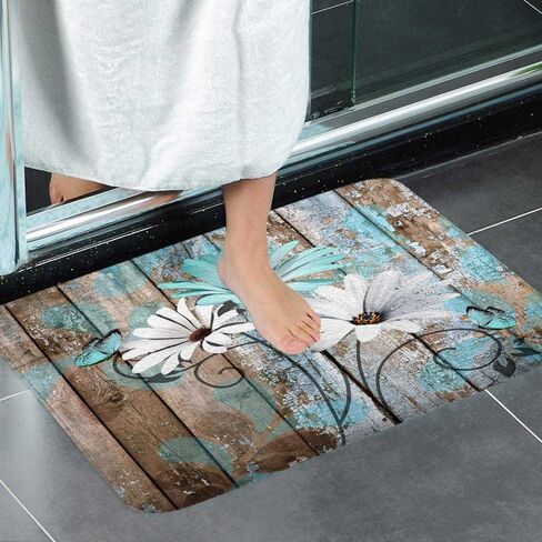 Farmhouse Floral Flower Bath Mat, Teal Daisy Rustic Wooden Plank Country Barn Wood Turquoise Blue Non-Slip Flannel Soft Doormat Floor Entryways Outdoor Indoor Front Door Mat,17X29 in Kuwait